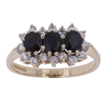 9ct Yellow Gold Cubic Zirconia and Sapphire Triple Cluster Ring