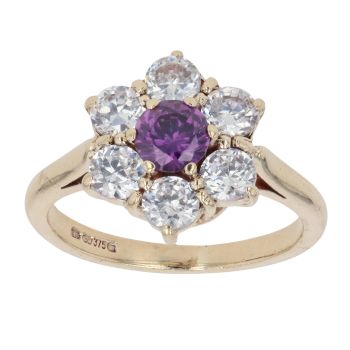 9ct Yellow Gold Amethyst and Cubic Zirconia Floral Cluster Ring
