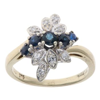 9ct Yellow Gold 0.12ct Diamond and Sapphire Cluster Ring