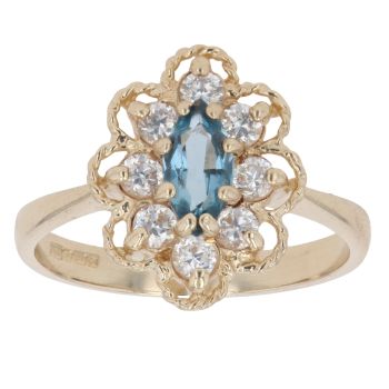 9ct Yellow Gold Blue Topaz and Cubic Zirconia Cluster Ring
