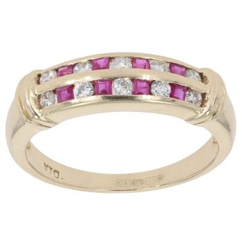 9ct Yellow Gold 0.20ct Diamond and Ruby Two Row Ring