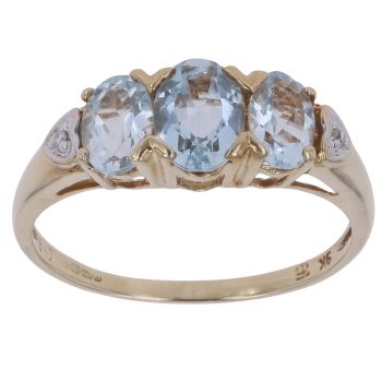 9ct Yellow Gold 0.02ct Diamond and Aquamarine Three Stone Ring