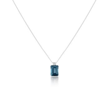 Silver Platinum Plated Emerald Cut London Blue Topaz Lab Grown Diamond Pendant Necklace