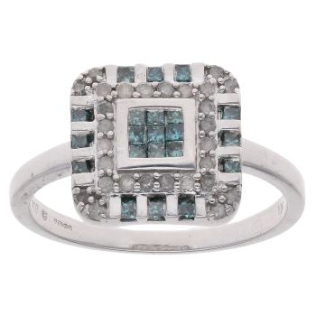 9ct WhiteGold 0.50ct Princess And Brilliant Cut Blue And White Diamond Cluster Ring