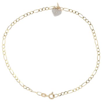 9ct Yellow Gold 0.01ct Diamond Heart Figaro Bracelet 9"
