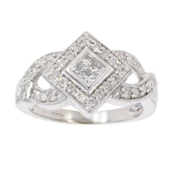 9ct White Gold 0.50ct Princess And Brilliant Cut Diamond Cluster Ring