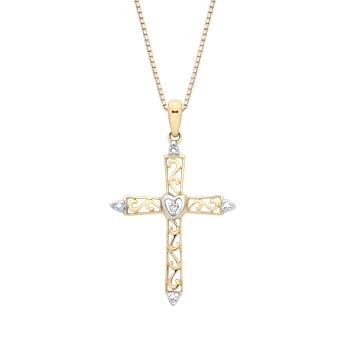 18ct Gold on Sterling Silver Diamond Filigree Heart Cross Pendant Necklace
