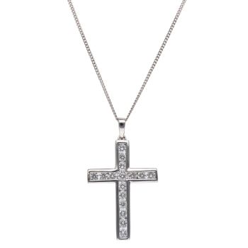 9ct White Gold 0.85ct Brilliant Cut Lab Grown Diamond Cross Pendant and Chain 16"