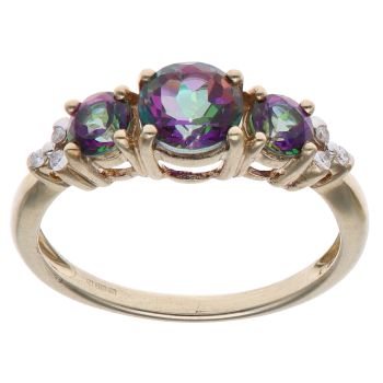 9ct Yellow Gold 0.05ct Brilliant Cut Diamond and Mystic Topaz Three Stone Ring