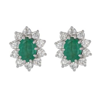 18ct Yellow and White Gold 1.00ct Brilliant Cut Diamond and Emerald Cluster Earrings