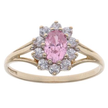 9ct Yellow Gold Pink and White Cubic Zirconia Cluster Ring