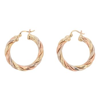 14ct Yellow White and Rose Gold Twist Hoop Earrings