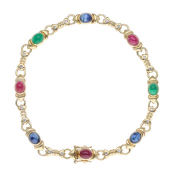 14ct Yellow Gold 0.16ct Diamond and Multi Gemstone Bracelet 7"