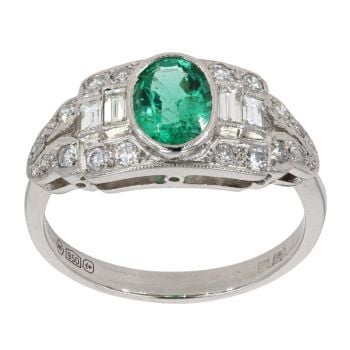 Platinum 0.70ct Emerald and 0.55ct Diamond Vintage Inspired Ring