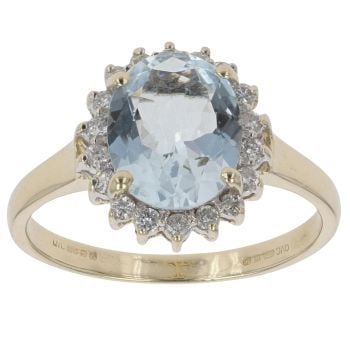 9ct Yellow Gold 0.15ct Diamond And Aquamarine Cluster Ring