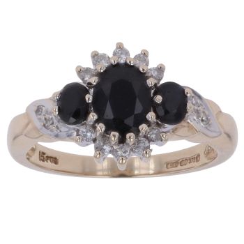 9ct Yellow Gold 0.15ct Diamond and Sapphire Three Stone Cluster Ring