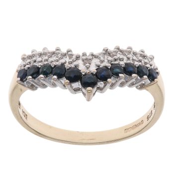9ct Yellow Gold 0.05ct Brilliant Cut Diamond and Sapphire Wishbone Ring