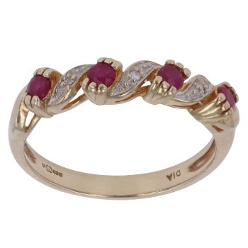 9ct Yellow Gold 0.02ct Diamond and Ruby Wave Ring