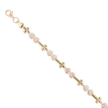 14ct Yellow and White Gold Hearts and Crosses Bracelet 7.5"