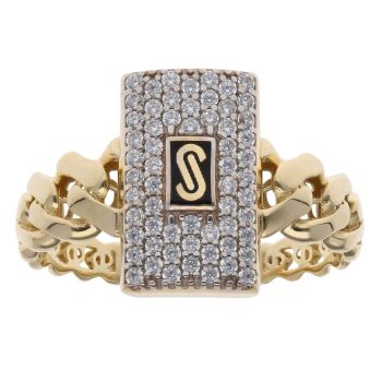 14ct Yellow Gold Monaco Classic Plain Pave Link Signet Ring