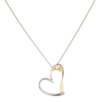 9ct Yellow and White Gold 0.10ct Diamond Heart Pendant and Chain 16"
