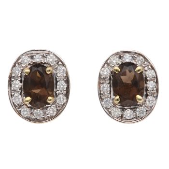 14ct Yellow Gold 0.25ct Brilliant and Oval Cut Diamond and Smoky Quartz Cluster Earrings