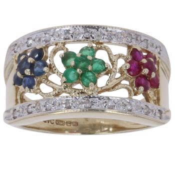 9ct Yellow and White Gold 0.10ct Diamond Ruby Emerald and Sapphire Flower Cluster Ring