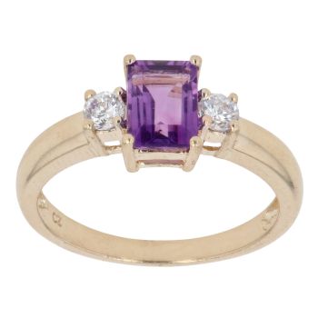 9ct Yellow Gold Cubic Zirconia and Amethyst Three Stone Ring