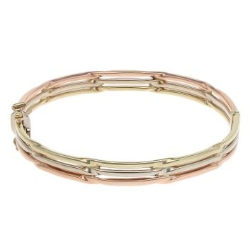 9ct Yellow White and Rose Gold Patterned Three Row Bangle