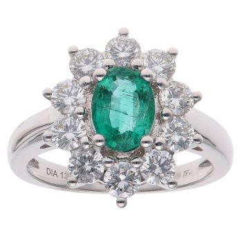 18ct White Gold 1.32ct Brilliant Cut Diamond and Emerald Cluster Ring