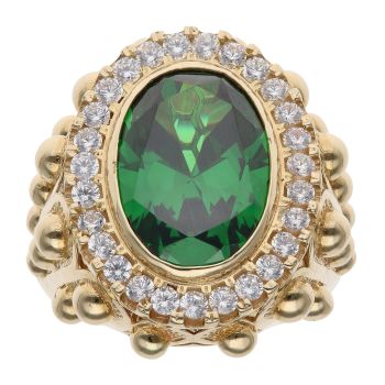 14ct Yellow Gold Cubic Zirconia and Green Gemstone Signet Ring