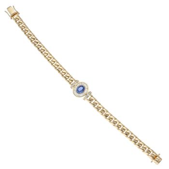 18ct Yellow Gold 0.85ct Brilliant Cut Diamond and Sapphire Cluster Curb Bracelet 7"