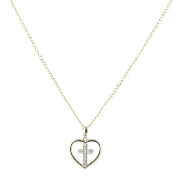 14ct Yellow Gold Children's Cubic Zirconia Cross Heart Pendant and Chain 16"