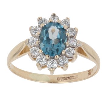 9ct Yellow Gold Blue Topaz and Cubic Zirconia Cluster Ring