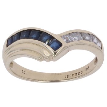 9ct Yellow Gold Cubic Zirconia and Sapphire Wishbone Ring