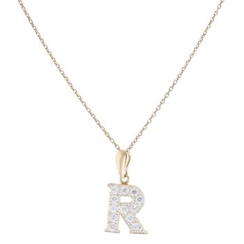 9ct Yellow Gold Cubic Zirconia R Initial Pendant and Belcher Chain 20"