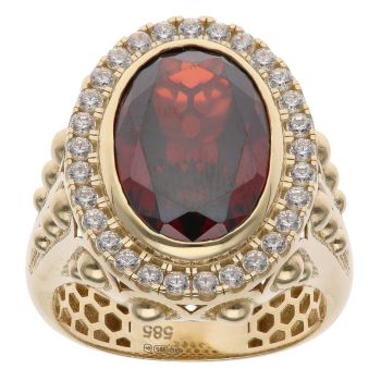 14ct Yellow Gold Cubic Zirconia and Red Gemstone Signet Ring