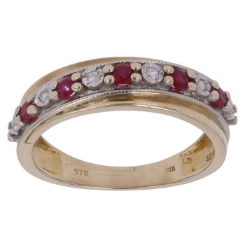 9ct Yellow Gold 0.05ct Diamond and Ruby Half Eternity Ring