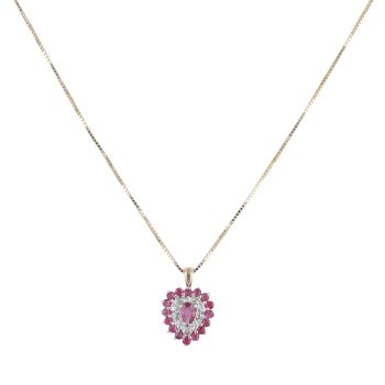 9ct Yellow Gold 0.02ct Diamond and Ruby Cluster Heart Pendant and Chain 20"
