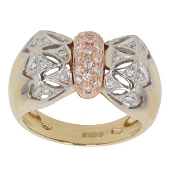 18ct Yellow, White and Rose Gold 0.25ct Diamond Fancy Bow Ring