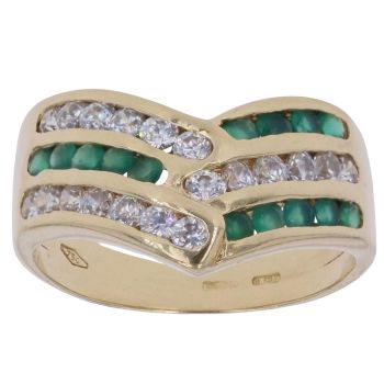18ct Yellow Gold Cubic Zirconia and Emerald Triple Row Wishbone Ring