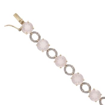 9ct Yellow Gold 0.10ct Diamond and Rose Quartz Fancy Bracelet 7"