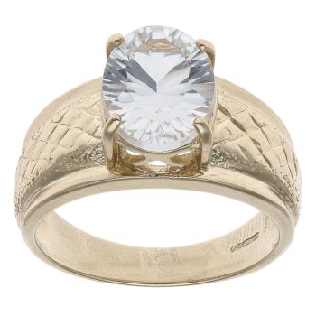 9ct Yellow Gold Patterned Cubic Zirconia Single Stone Ring