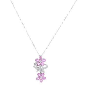 18ct White Gold 0.25ct Brilliant Cut Diamond And Pink Sapphire Flower Cluster Pendant And Chain 18"