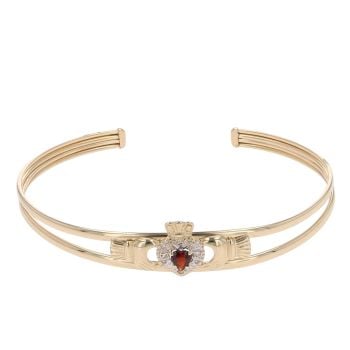 9ct Yellow Gold Garnet and 0.01ct Diamond Claddagh Bangle