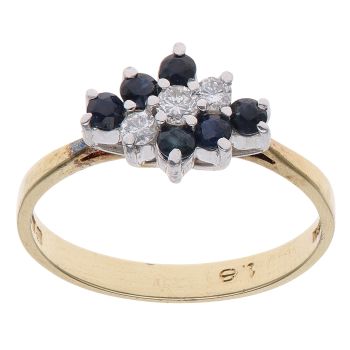 18ct Yellow Gold 0.15ct Diamond and Sapphire Three Row Cluster Ring