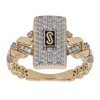14ct Yellow Gold Monaco Edge Alternate Pave Link Cubic Zirconia Signet Ring