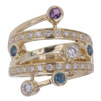 14ct Yellow Gold 0.70ct Brilliant Cut Diamond, Amethyst and Blue Gemstone Fancy Ring