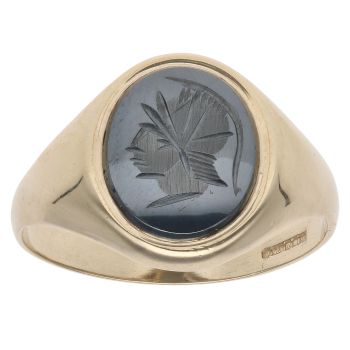 9ct Yellow Gold Hematite Engraved Roman Head Signet Ring