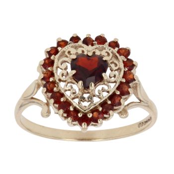 9ct Yellow Gold Garnet Patterned Heart Fancy Ring